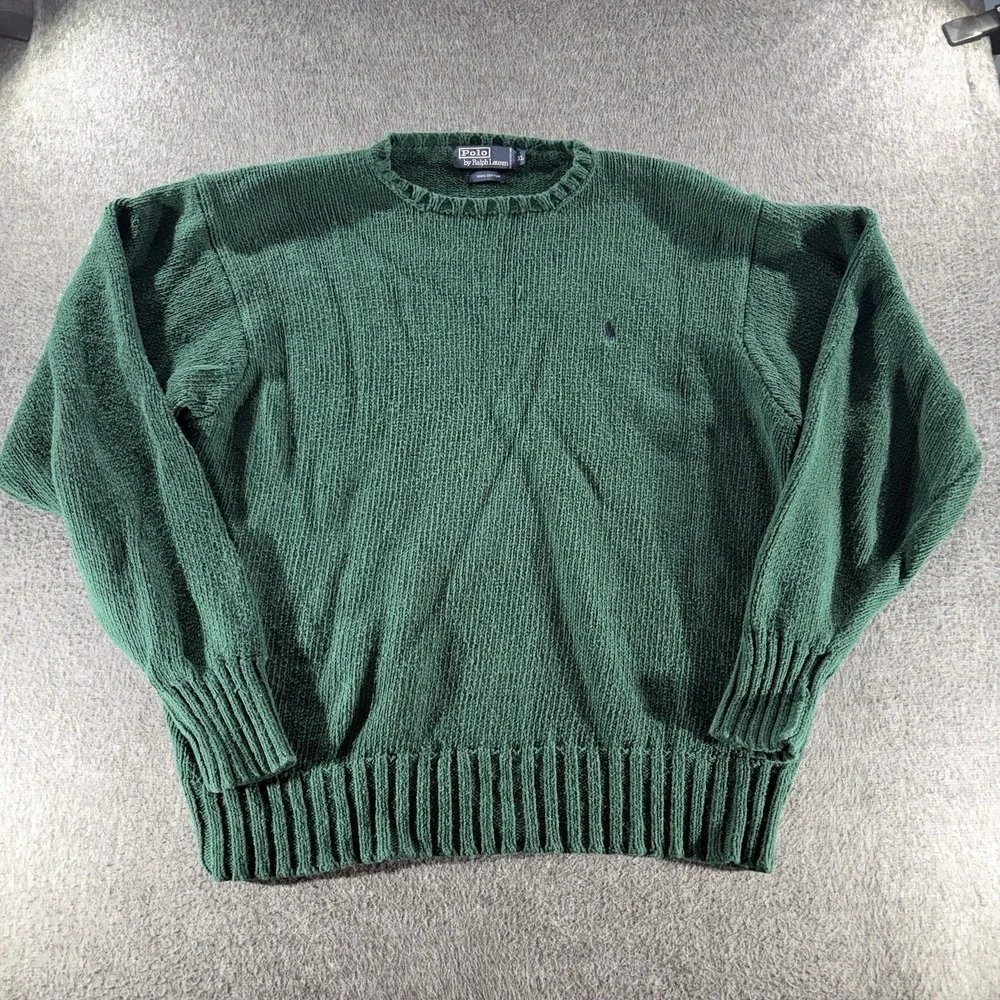 Vintage Polo Ralph Lauren Sweater Mens XL Green Cotton Knit Crew Neck Pony Logo